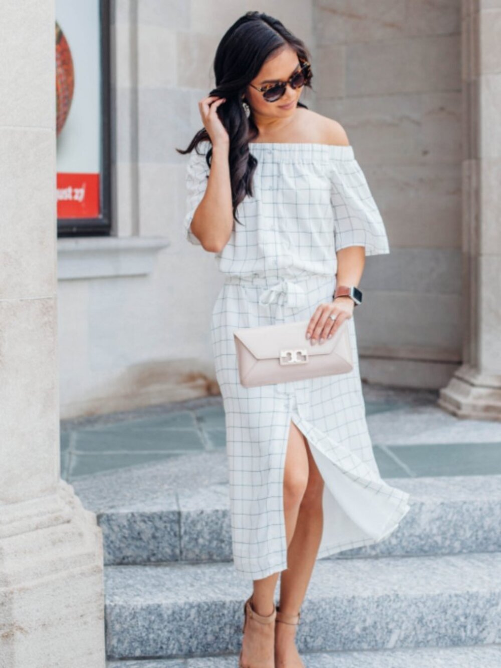 Charles Henry Ivory Checkered/Grid Off-the-Shoulder Midi Dress - Size XL